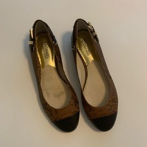 Michael Kors snake print leather brown flats.